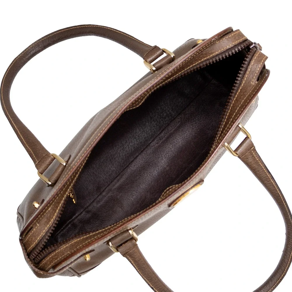 Vintage Gucci Brown Leather Boston Satchel Handbag Gold Logo Italy Doctor Bag
